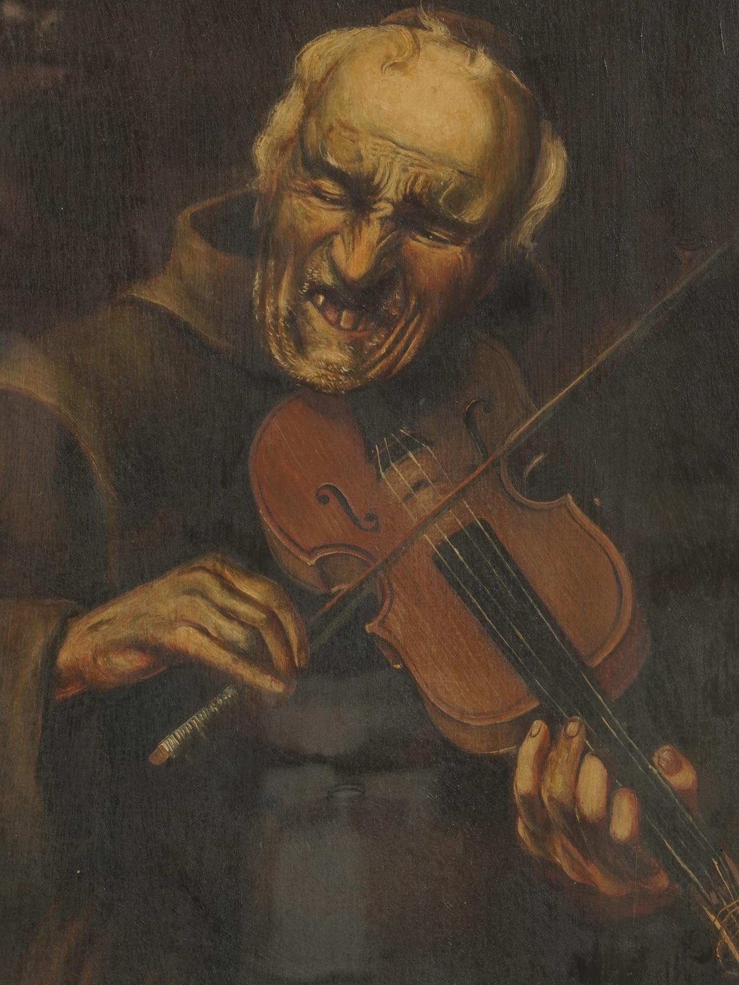 ANTIQUE 19 C PAINTING MONK PLAYING VIOLIN SIGNED PIC-2